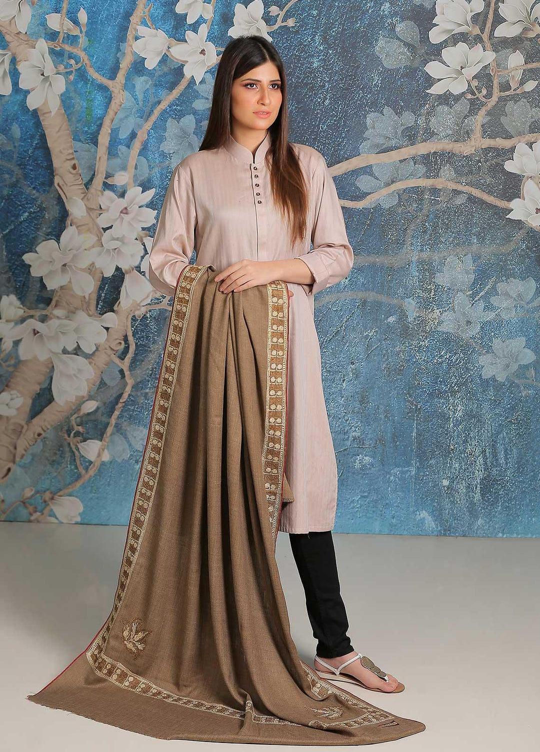 Sanaulla Exclusive Range Embroidered Pashmina  Shawl SU21PP MIR-10 D Brown 2 - Pure Pashmina Shawls