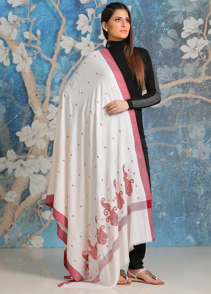 Sanaulla Exclusive Range Embroidered Pashmina  Shawl SU21PP MIR-11 White 8 - Pure Pashmina Shawls