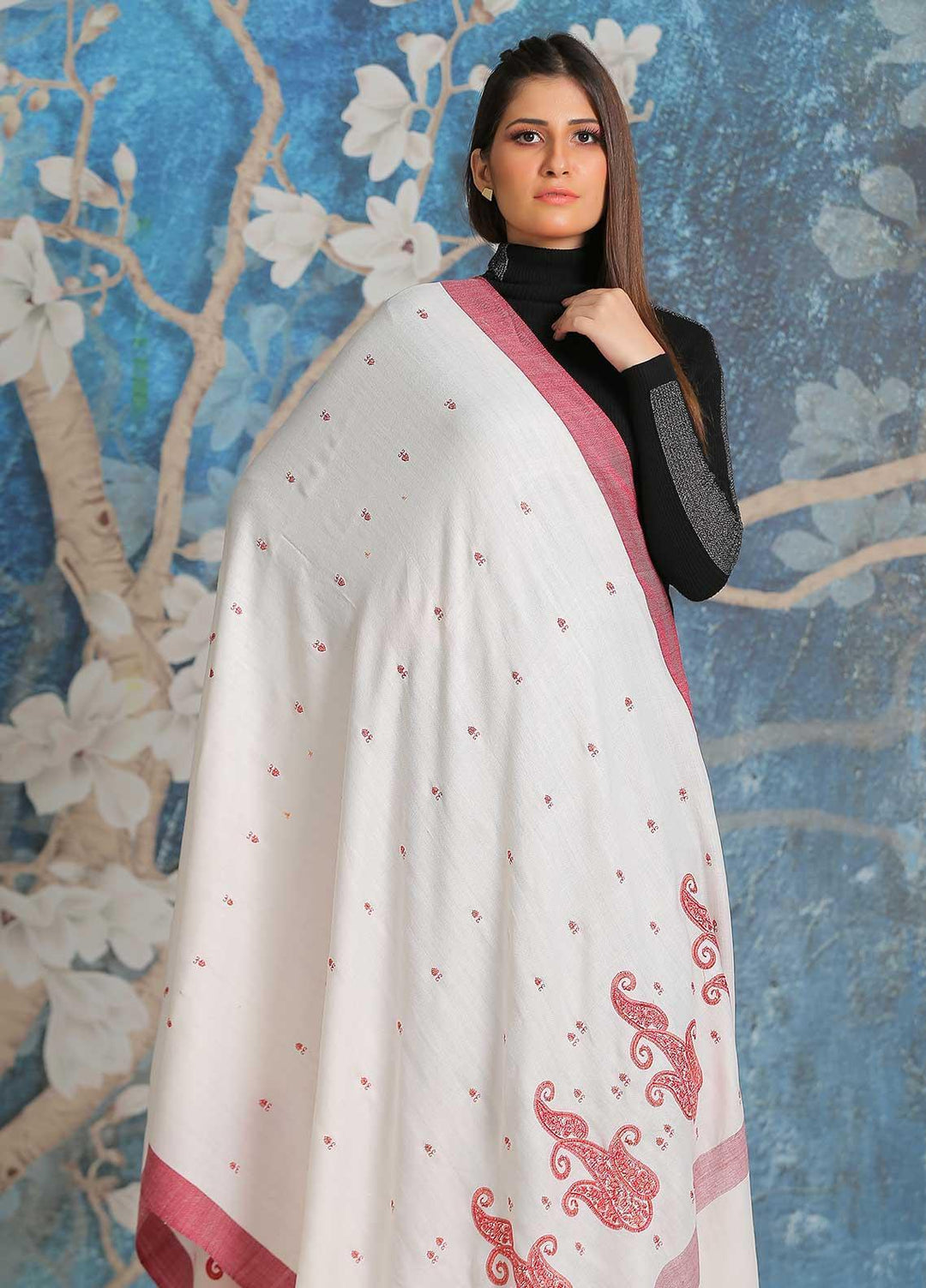 Sanaulla Exclusive Range Embroidered Pashmina  Shawl SU21PP MIR-11 White 8 - Pure Pashmina Shawls