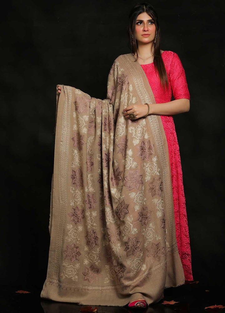 Sanaulla Exclusive Range Embroidered Pashmina  Shawl MIR-12 Brown 2 - Pashmina Shawls