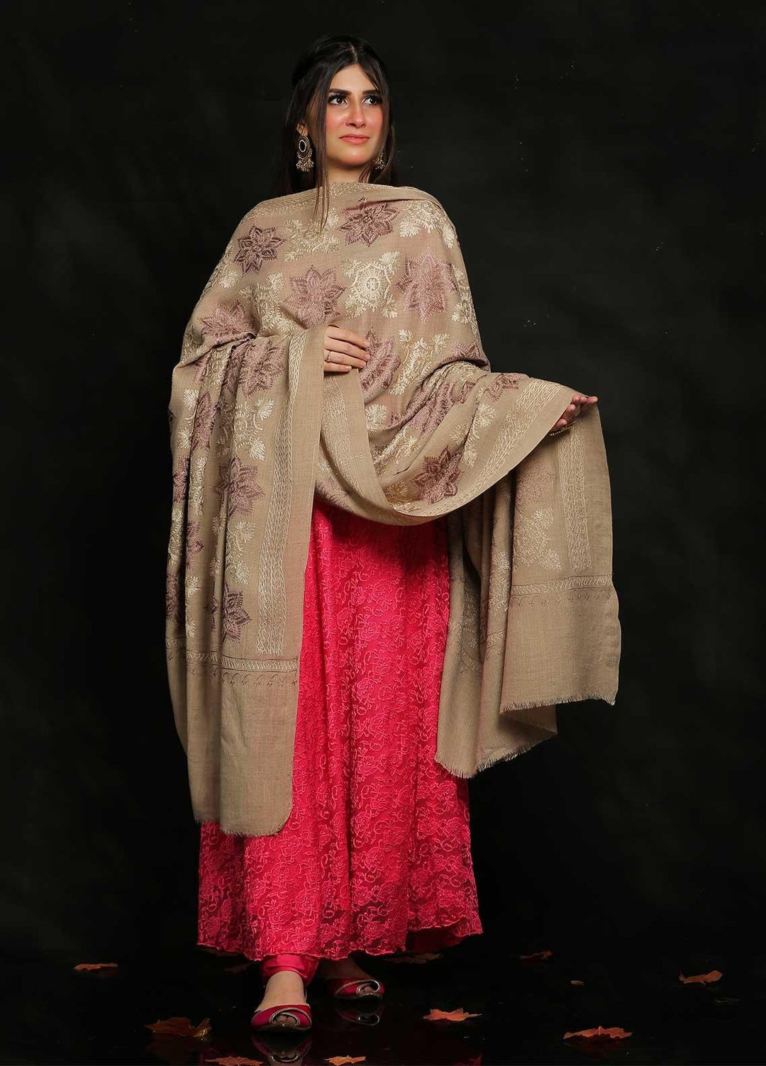 Sanaulla Exclusive Range Embroidered Pashmina  Shawl MIR-12 Brown 2 - Pashmina Shawls