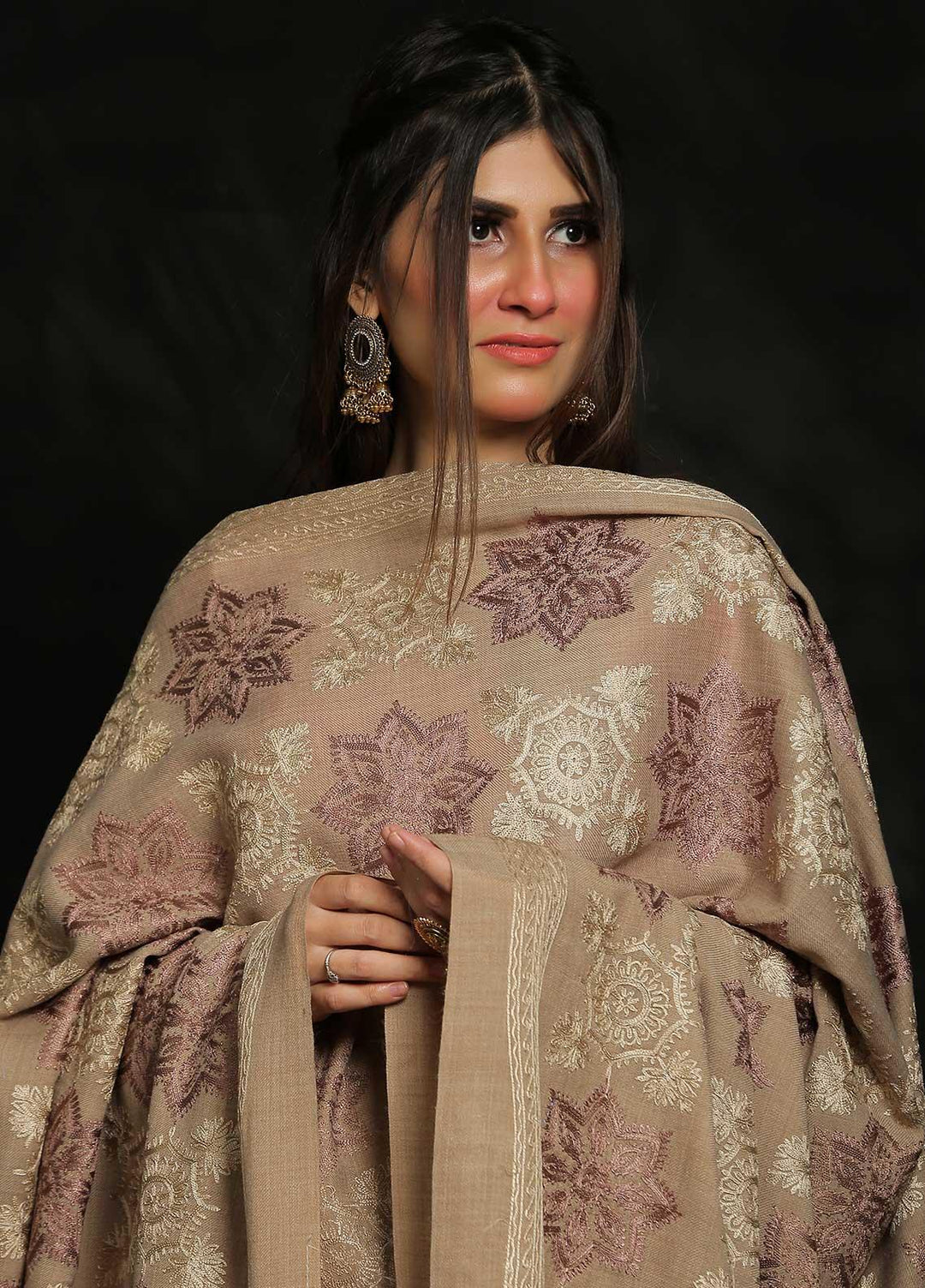 Sanaulla Exclusive Range Embroidered Pashmina  Shawl MIR-12 Brown 2 - Pashmina Shawls
