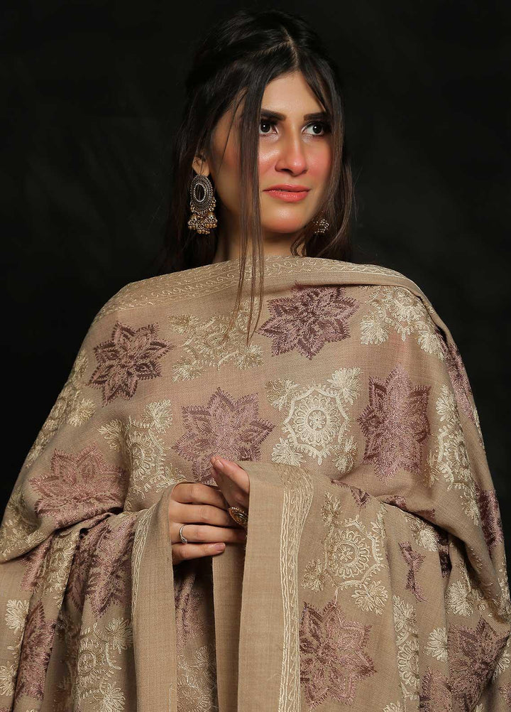 Sanaulla Exclusive Range Embroidered Pashmina  Shawl MIR-12 Brown 2 - Pashmina Shawls