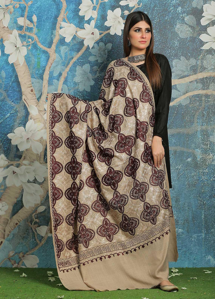 Sanaulla Exclusive Range Embroidered Pashmina  Shawl MIR-12 Brown 3 - Pashmina Shawls