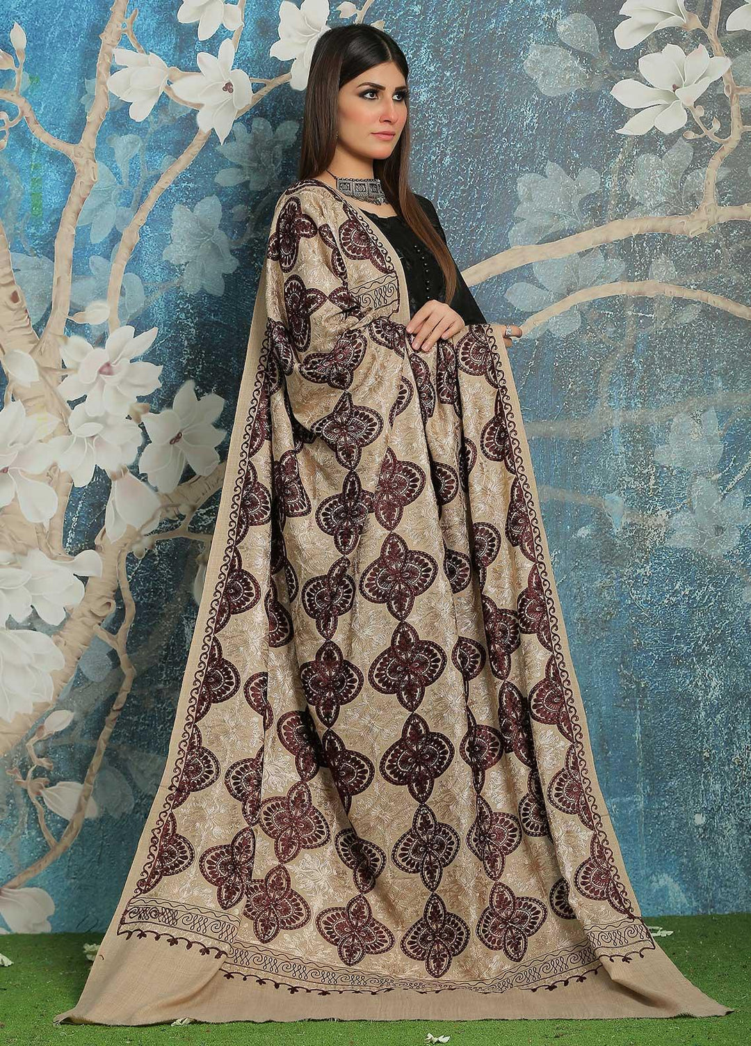 Sanaulla Exclusive Range Embroidered Pashmina  Shawl MIR-12 Brown 3 - Pashmina Shawls