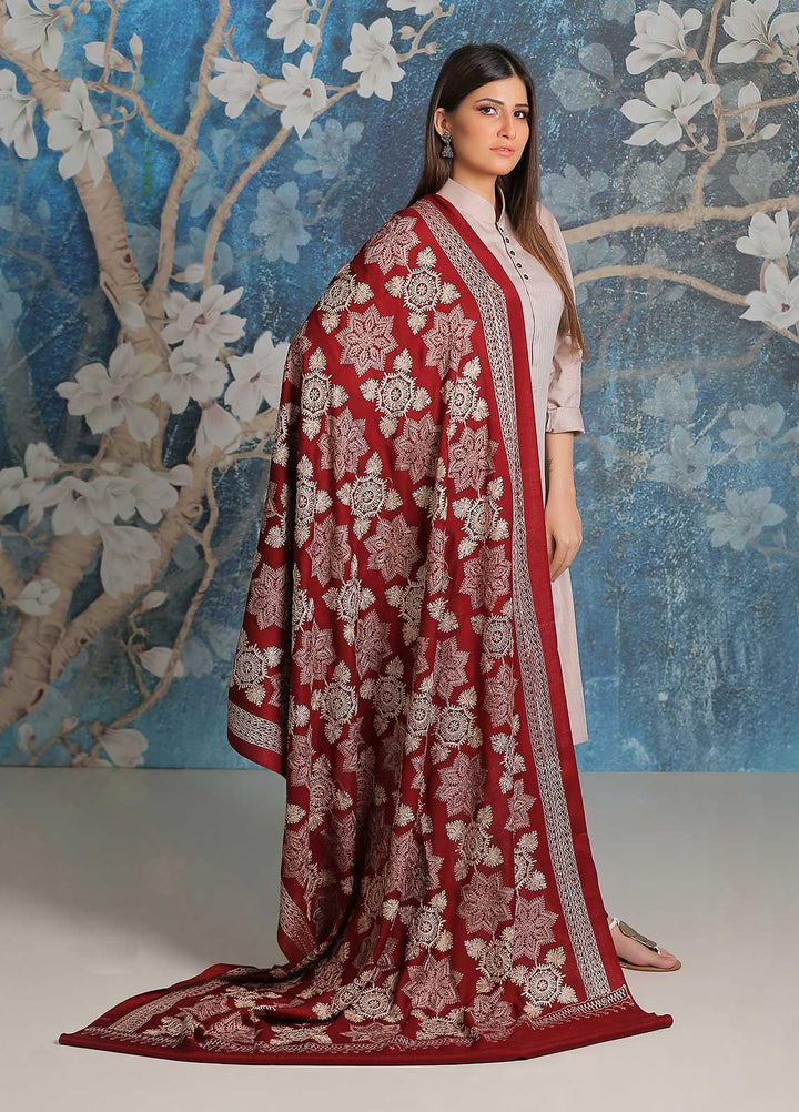 Sanaulla Exclusive Range Embroidered Pashmina  Shawl SU21PP MIR-12 Maroon - Pure Pashmina Shawls