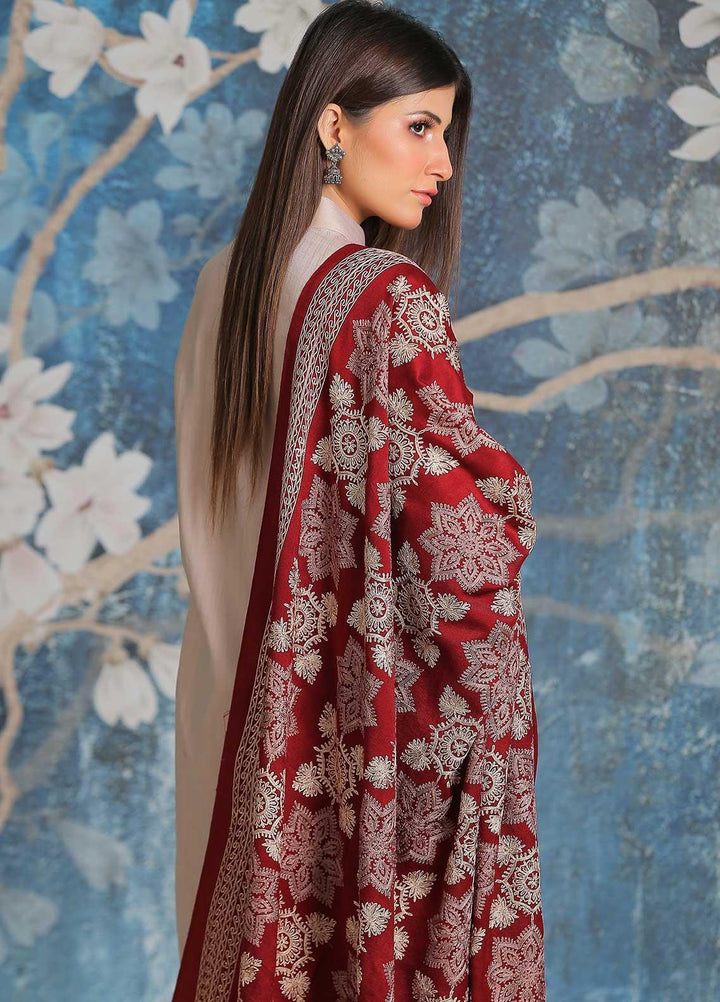 Sanaulla Exclusive Range Embroidered Pashmina  Shawl SU21PP MIR-12 Maroon - Pure Pashmina Shawls