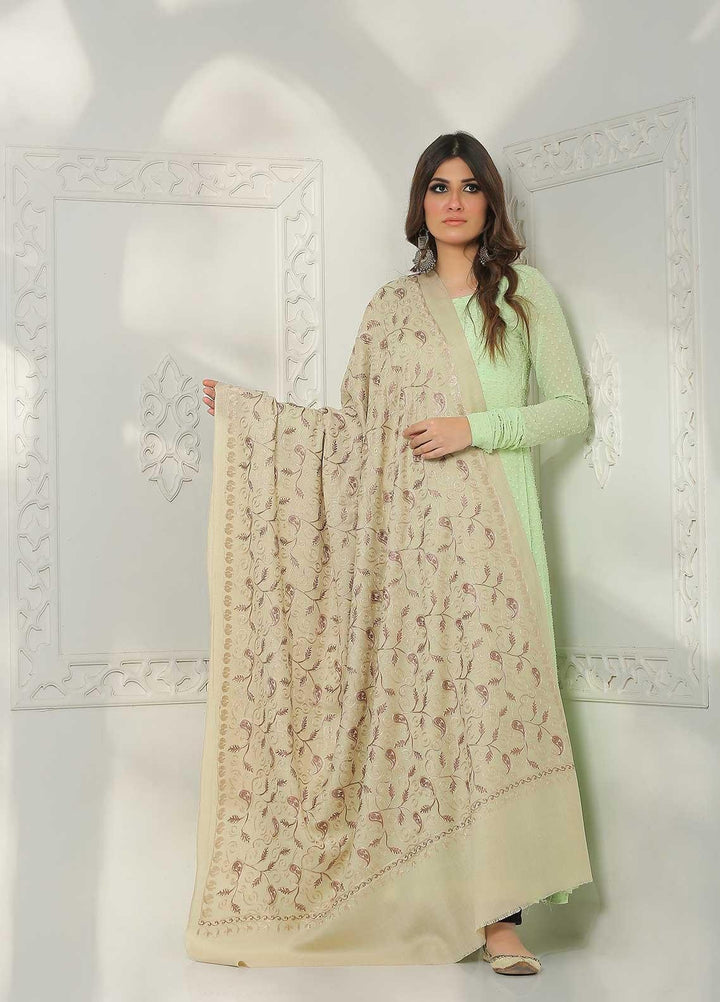 Sanaulla Exclusive Range Embroidered Pashmina  Shawl MIR-13 Beige 1 - Pashmina Shawls