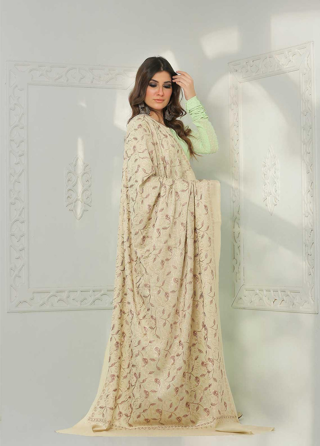 Sanaulla Exclusive Range Embroidered Pashmina  Shawl MIR-13 Beige 1 - Pashmina Shawls