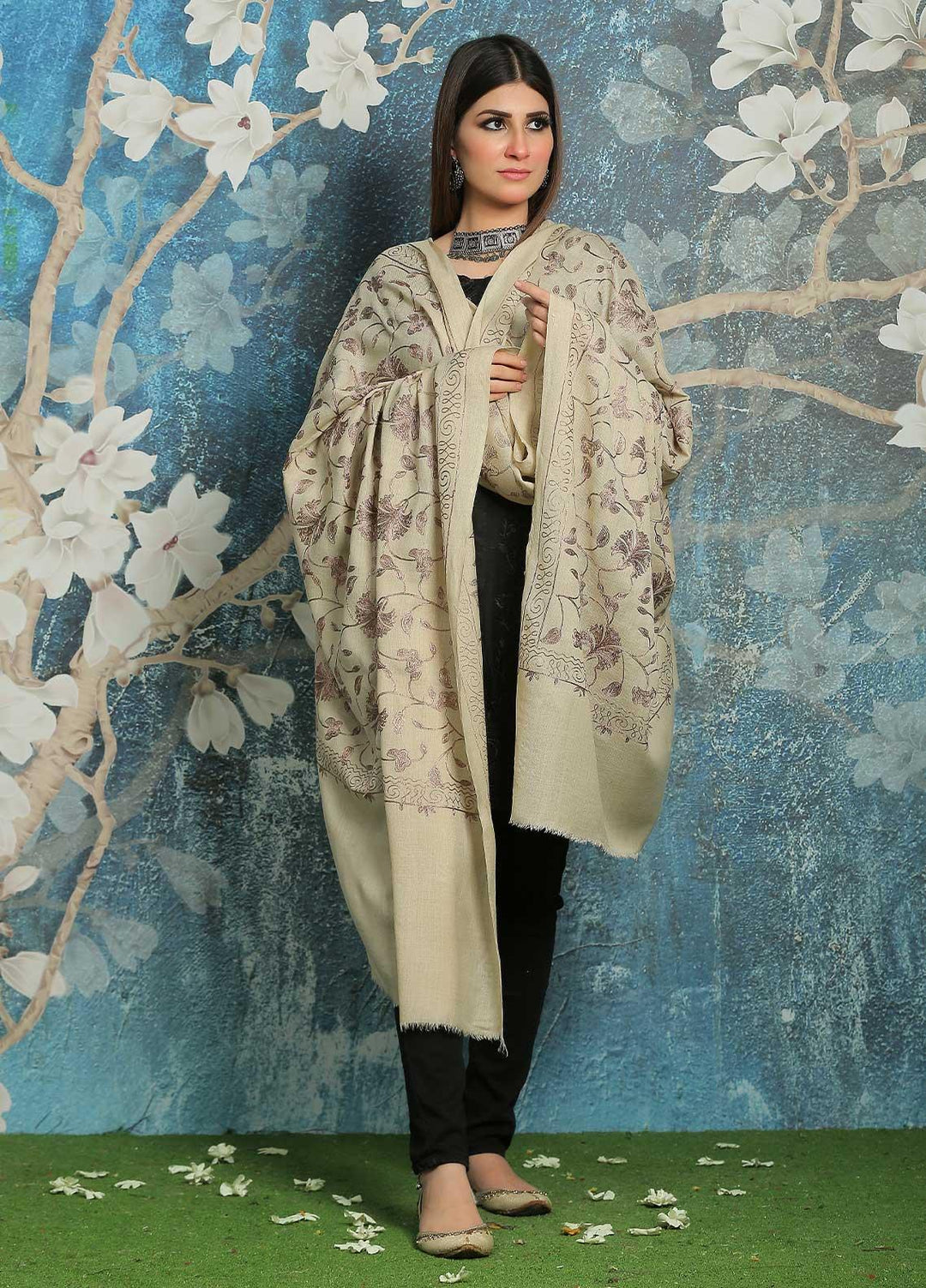 Sanaulla Exclusive Range Embroidered Pashmina  Shawl MIR-13 Beige 2 - Pashmina Shawls