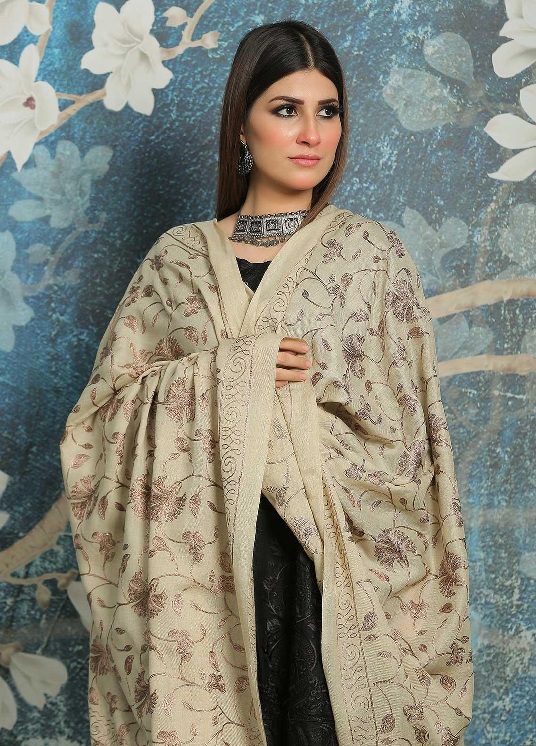Sanaulla Exclusive Range Embroidered Pashmina  Shawl MIR-13 Beige 2 - Pashmina Shawls