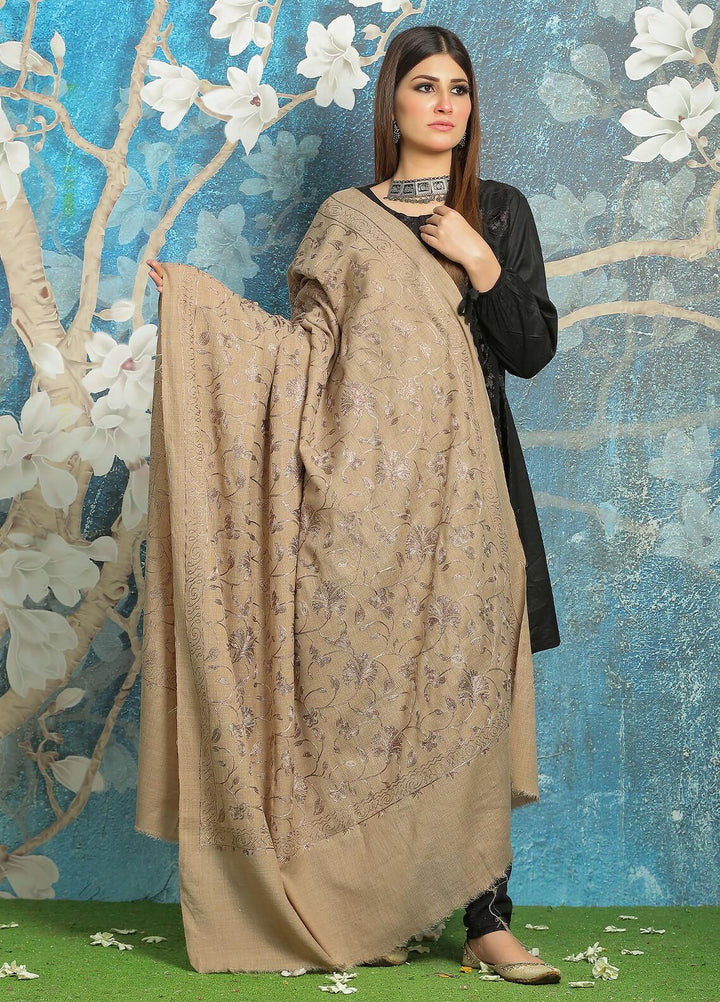 Sanaulla Exclusive Range Embroidered Pashmina  Shawl MIR-13 Brown 2 - Pashmina Shawls