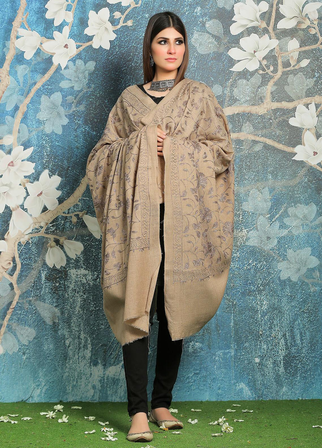 Sanaulla Exclusive Range Embroidered Pashmina  Shawl MIR-13 Brown 2 - Pashmina Shawls