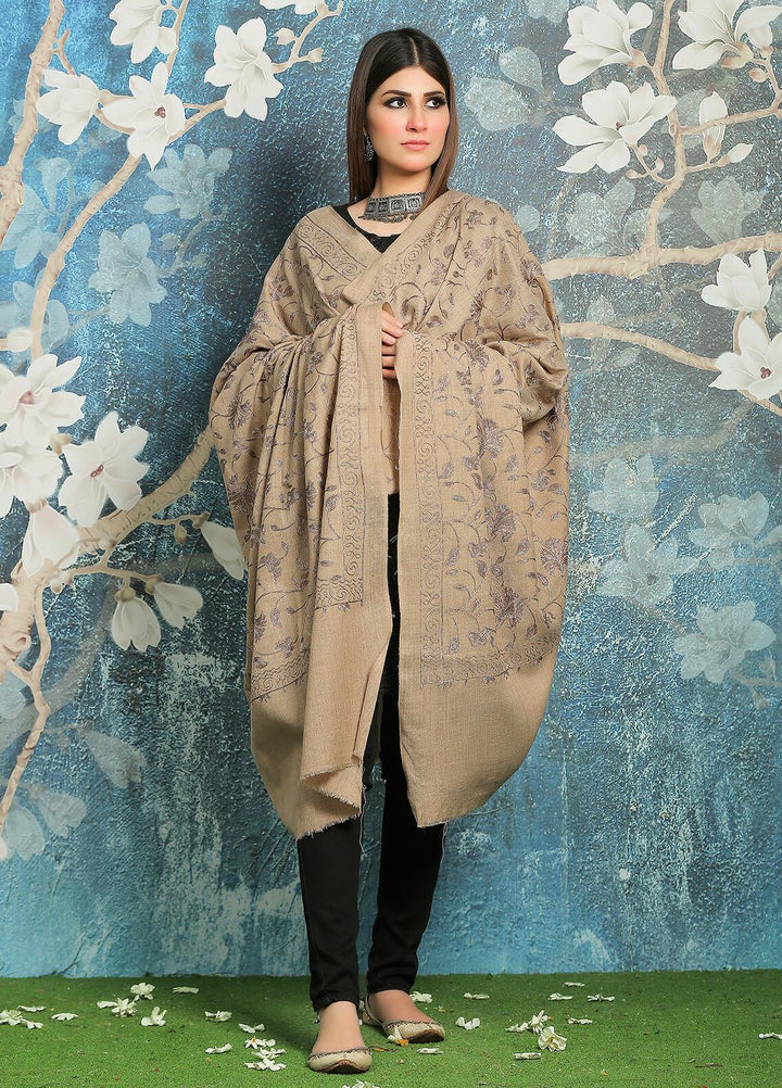 Sanaulla Exclusive Range Embroidered Pashmina  Shawl MIR-13 Brown 2 - Pashmina Shawls