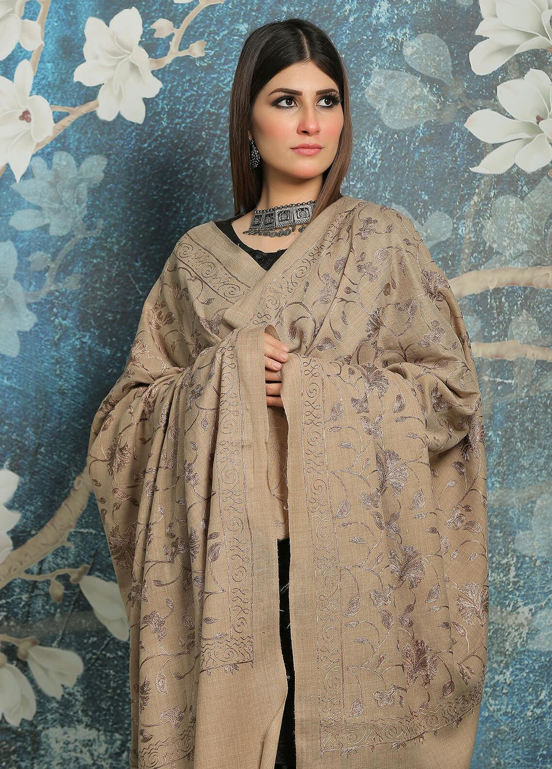 Sanaulla Exclusive Range Embroidered Pashmina  Shawl MIR-13 Brown 2 - Pashmina Shawls