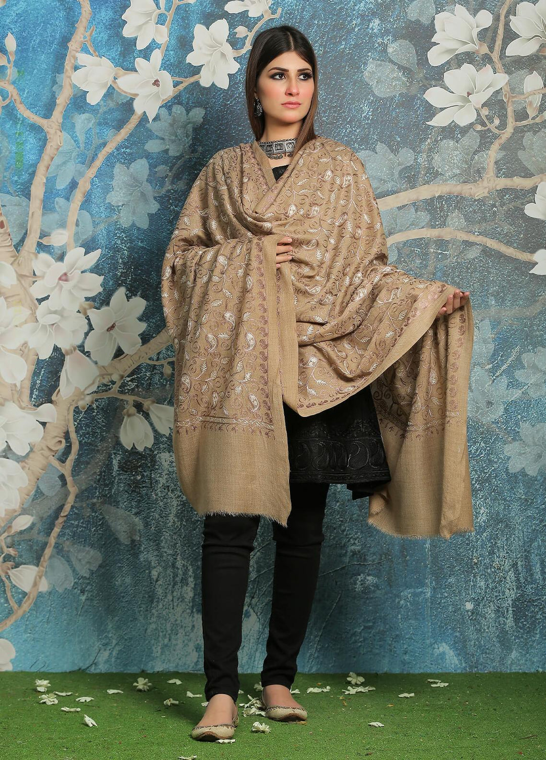 Sanaulla Exclusive Range Embroidered Pashmina  Shawl MIR-13 Brown 5 - Pashmina Shawls