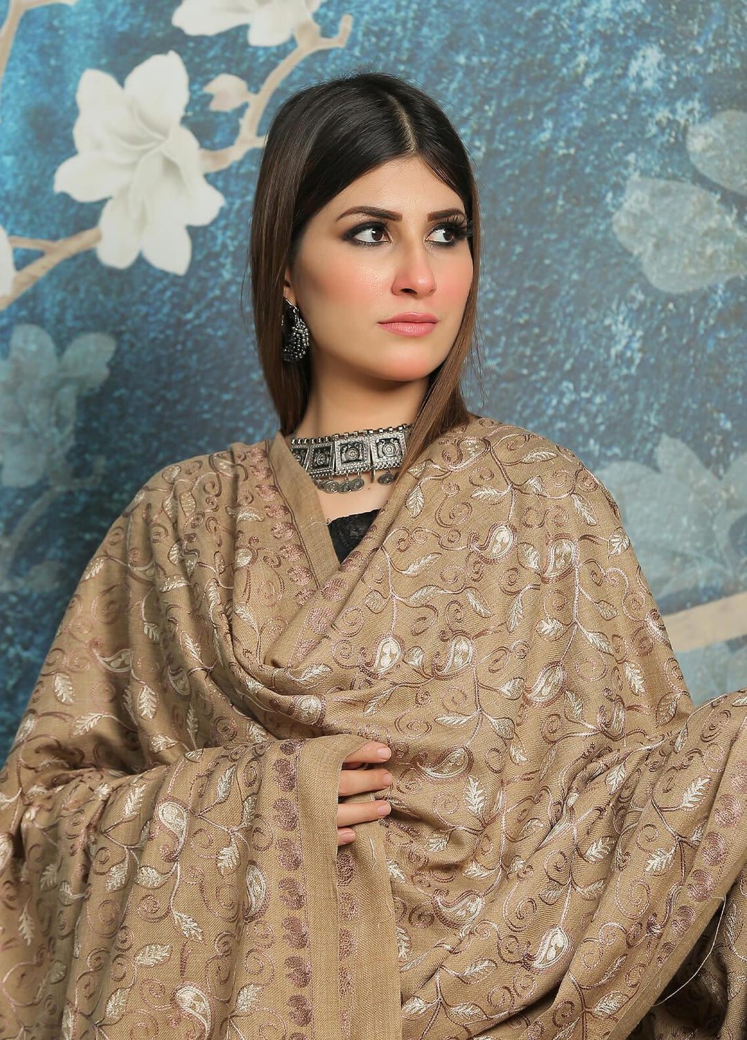 Sanaulla Exclusive Range Embroidered Pashmina  Shawl MIR-13 Brown 5 - Pashmina Shawls
