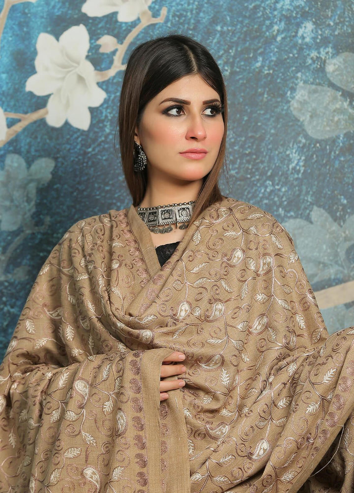 Sanaulla Exclusive Range Embroidered Pashmina  Shawl MIR-13 Brown 5 - Pashmina Shawls