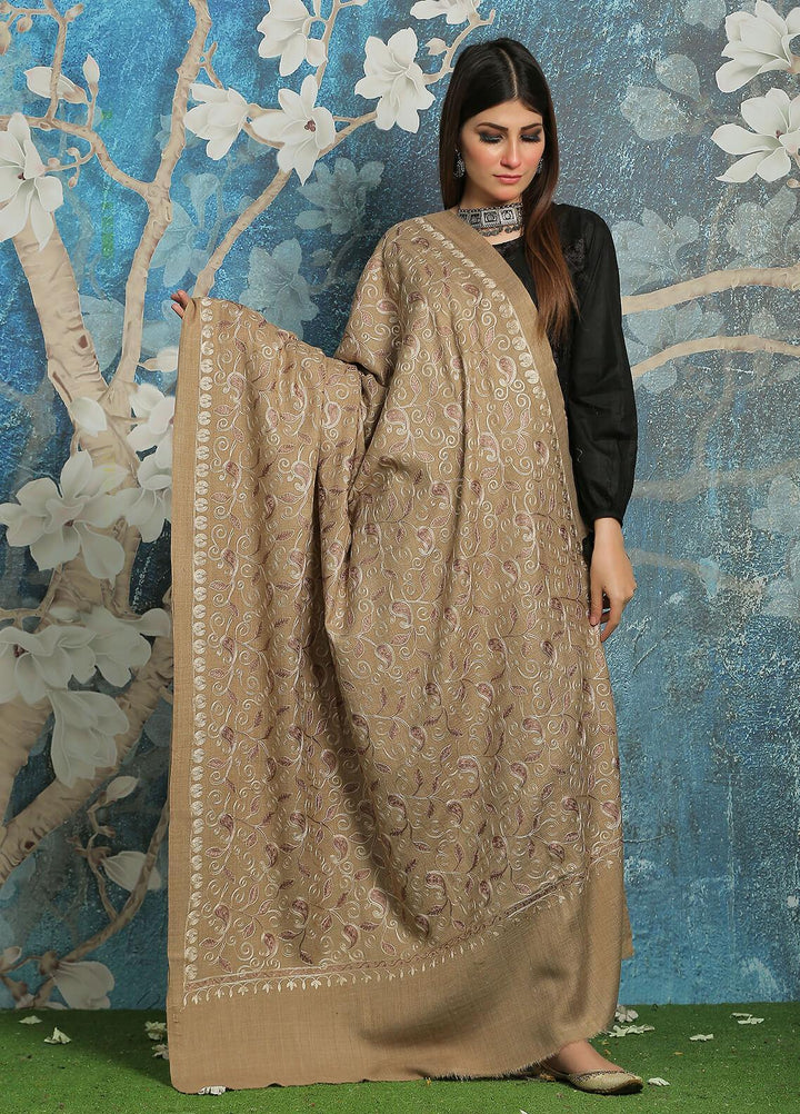 Sanaulla Exclusive Range Embroidered Pashmina  Shawl MIR-13 Brown 6 - Pashmina Shawls