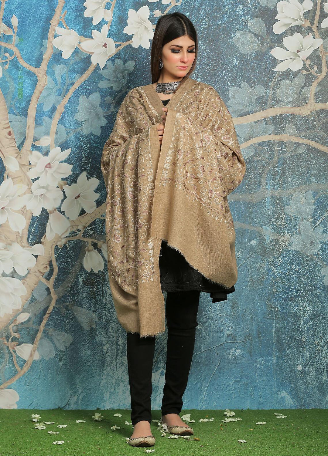 Sanaulla Exclusive Range Embroidered Pashmina  Shawl MIR-13 Brown 6 - Pashmina Shawls