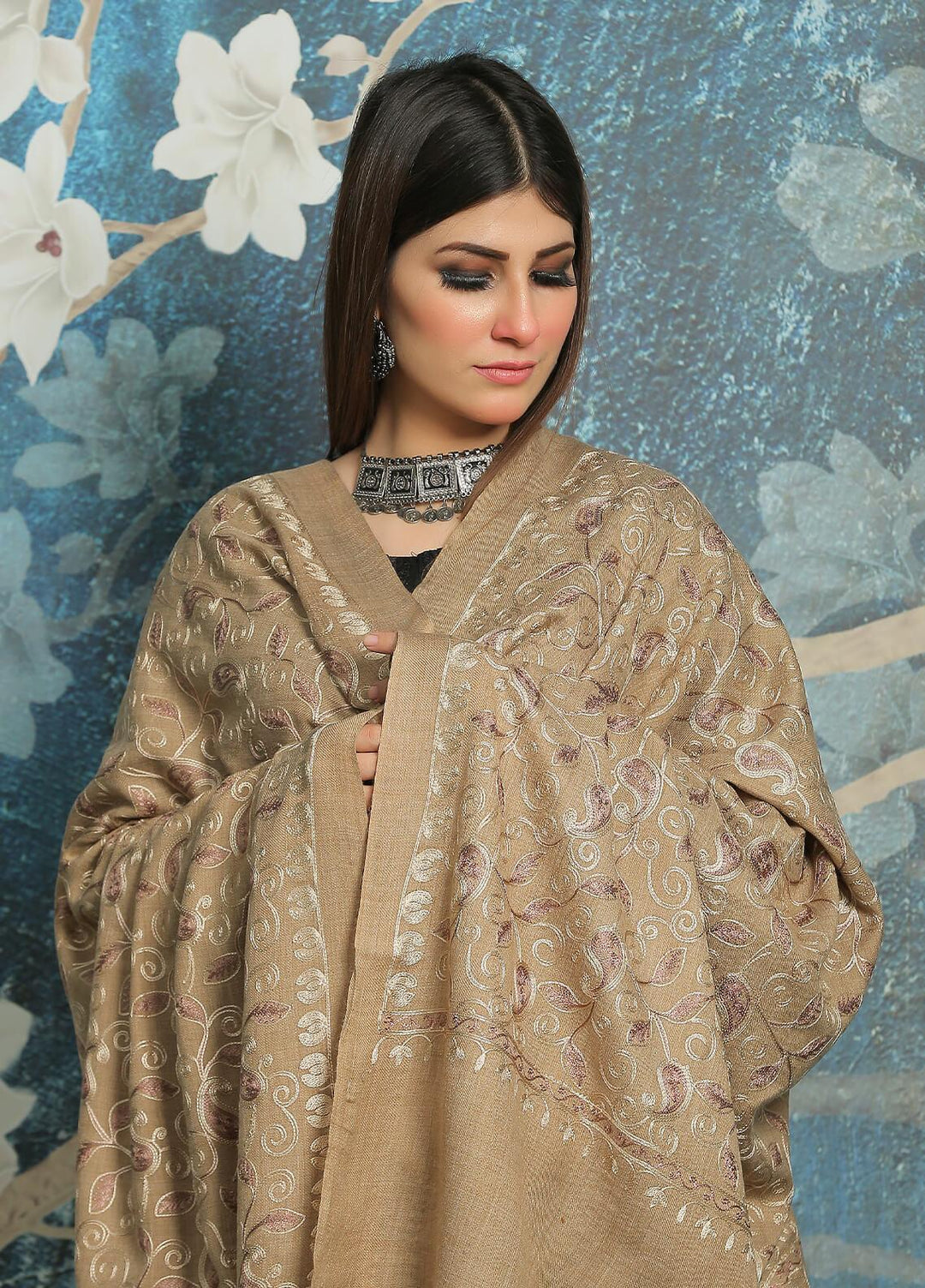 Sanaulla Exclusive Range Embroidered Pashmina  Shawl MIR-13 Brown 6 - Pashmina Shawls