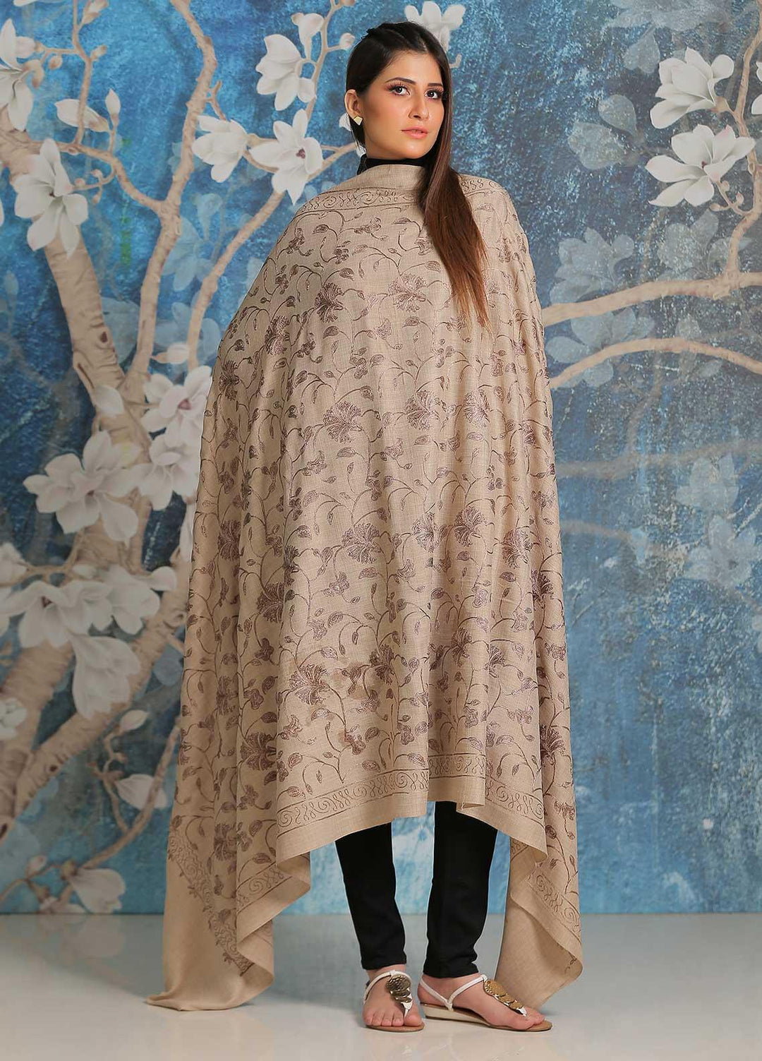 Sanaulla Exclusive Range Embroidered Pashmina  Shawl SU21PP MIR-13 Brown 7 - Pure Pashmina Shawls