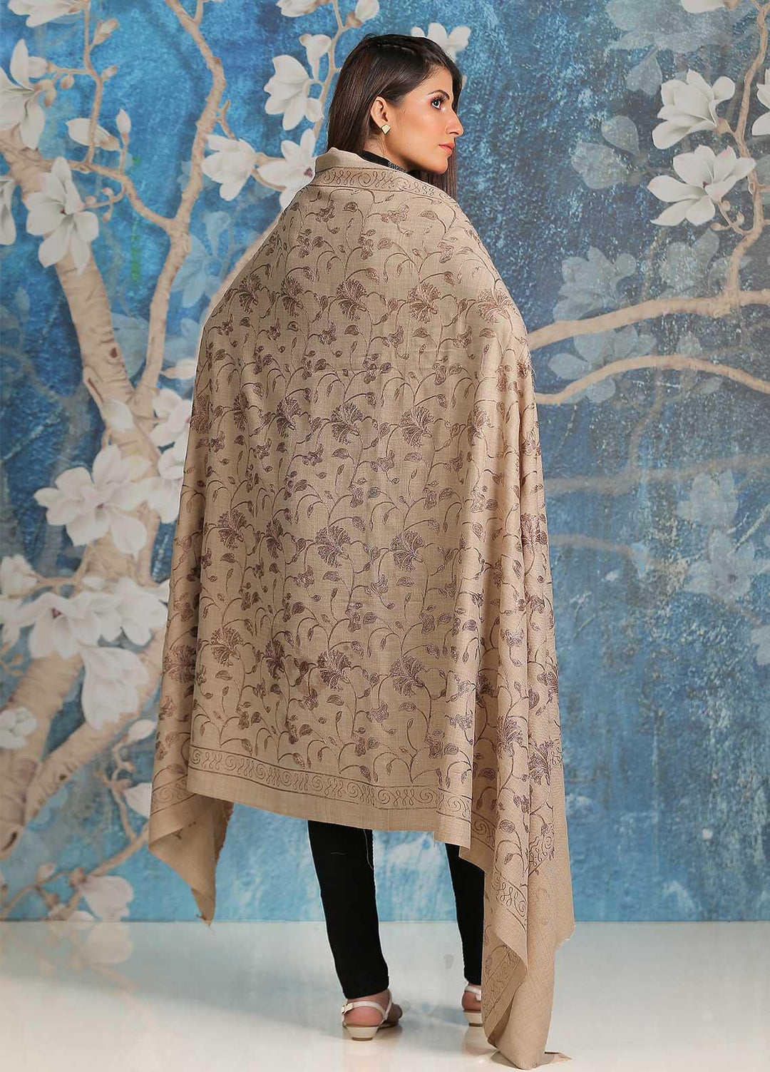 Sanaulla Exclusive Range Embroidered Pashmina  Shawl SU21PP MIR-13 Brown 7 - Pure Pashmina Shawls