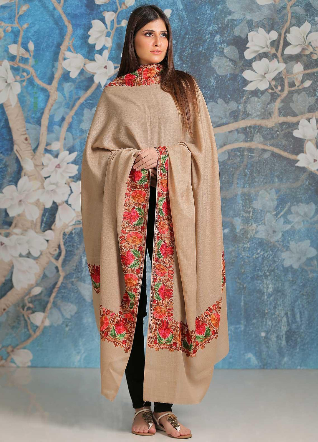 Sanaulla Exclusive Range Embroidered Pashmina  Shawl SU21PP MIR-15 Brown 13 - Pure Pashmina Shawls