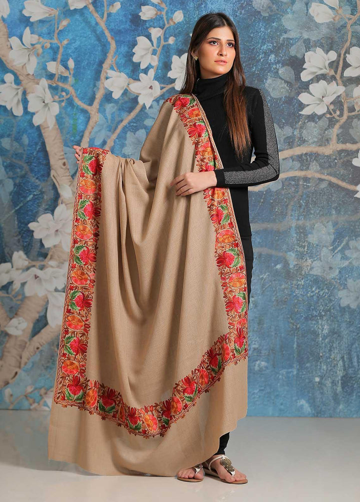 Sanaulla Exclusive Range Embroidered Pashmina  Shawl SU21PP MIR-15 Brown 13 - Pure Pashmina Shawls