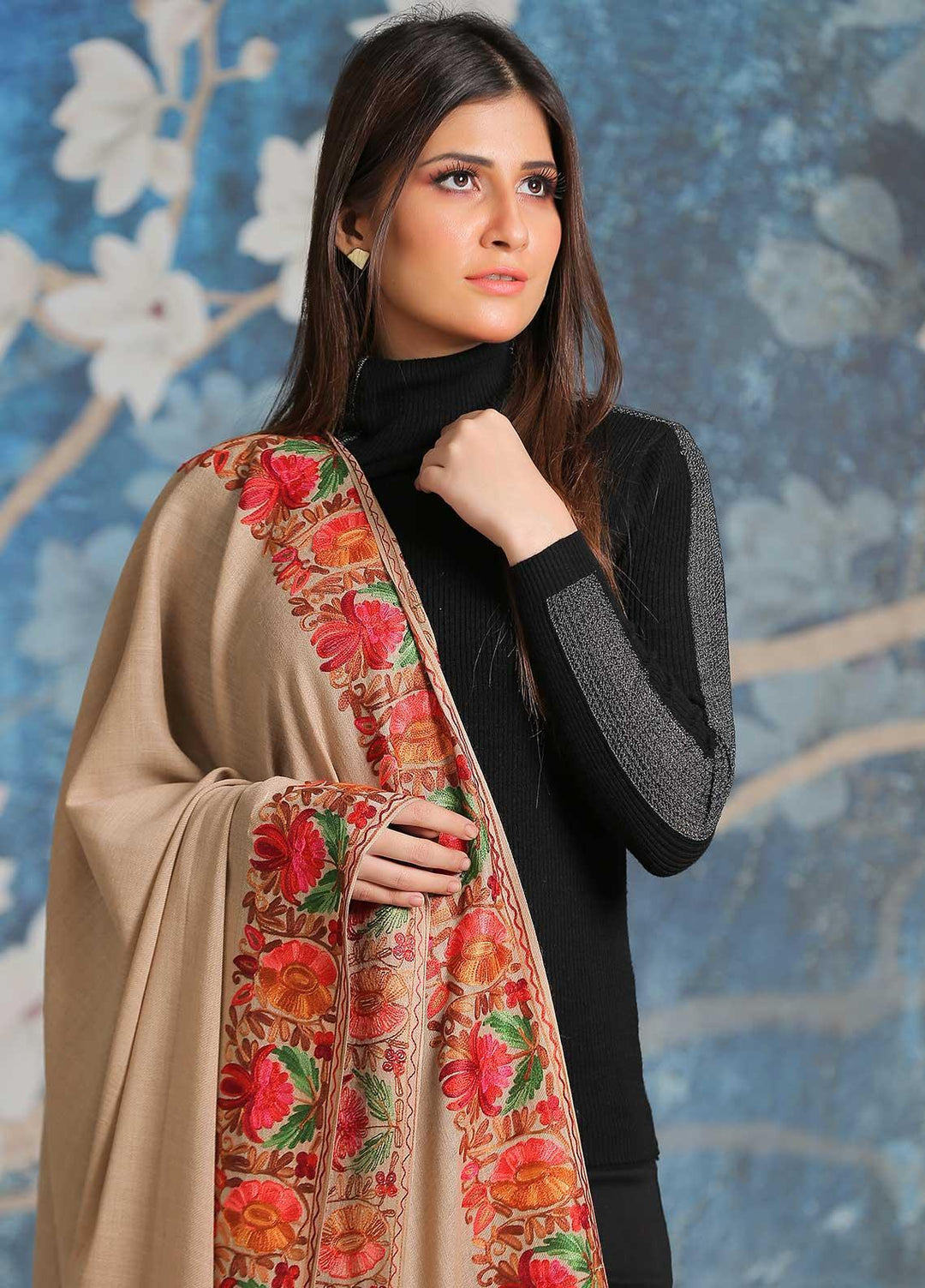 Sanaulla Exclusive Range Embroidered Pashmina  Shawl SU21PP MIR-15 Brown 13 - Pure Pashmina Shawls