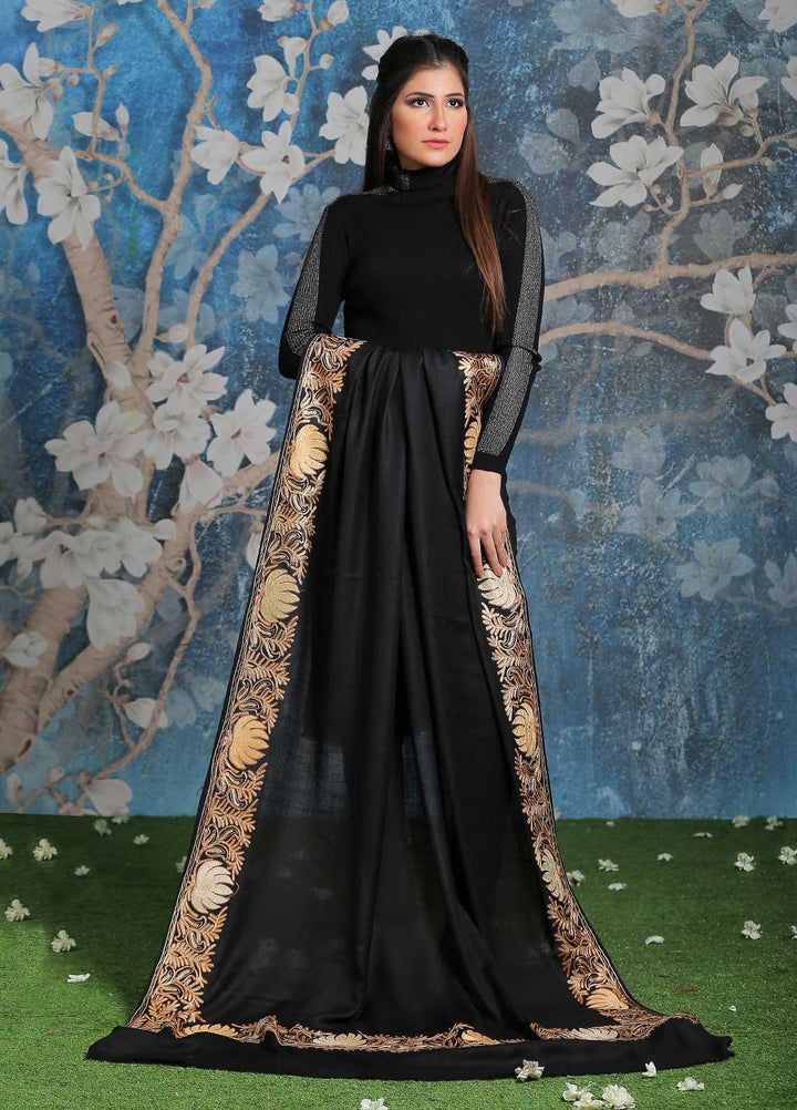 Sanaulla Exclusive Range Embroidered Pashmina  Shawl SU21PP MIR-16 Black 1 - Pure Pashmina Shawls