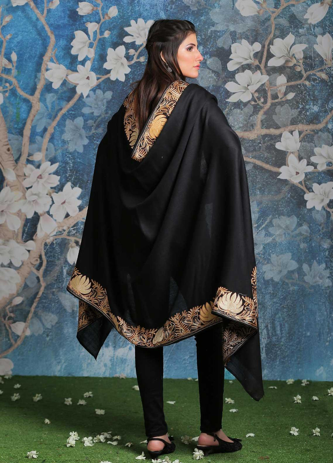 Sanaulla Exclusive Range Embroidered Pashmina  Shawl SU21PP MIR-16 Black 1 - Pure Pashmina Shawls