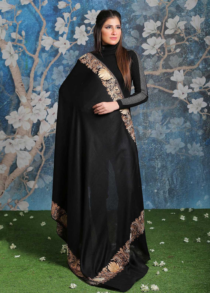 Sanaulla Exclusive Range Embroidered Pashmina  Shawl SU21PP MIR-16 Black 3 - Pure Pashmina Shawls