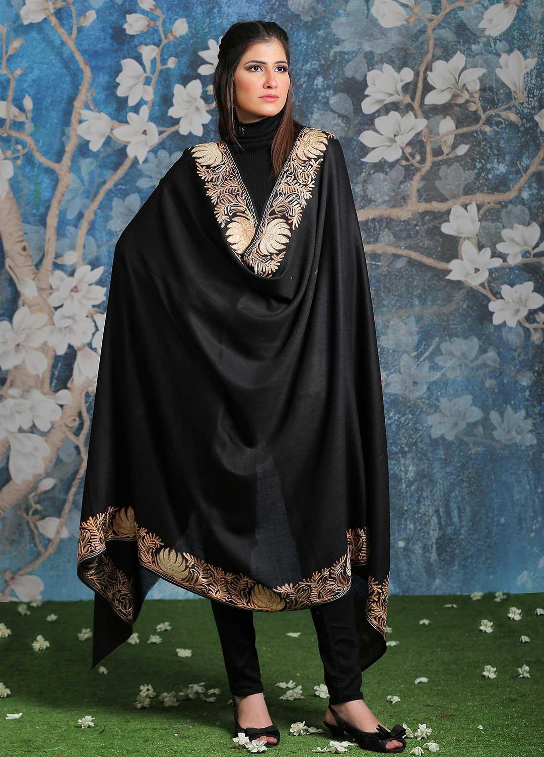 Sanaulla Exclusive Range Embroidered Pashmina  Shawl SU21PP MIR-16 Black 3 - Pure Pashmina Shawls