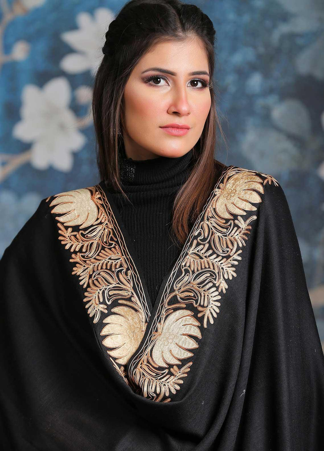 Sanaulla Exclusive Range Embroidered Pashmina  Shawl SU21PP MIR-16 Black 3 - Pure Pashmina Shawls