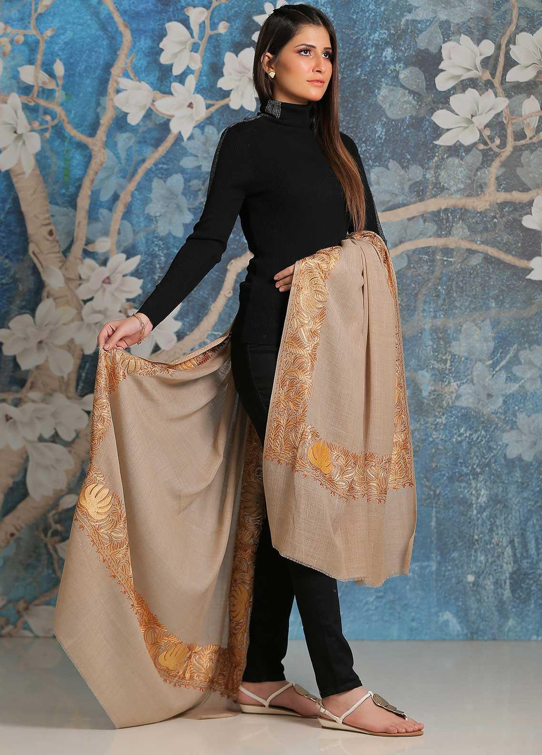 Sanaulla Exclusive Range Embroidered Pashmina  Shawl SU21PP MIR-16 Fawn 10 - Pure Pashmina Shawls