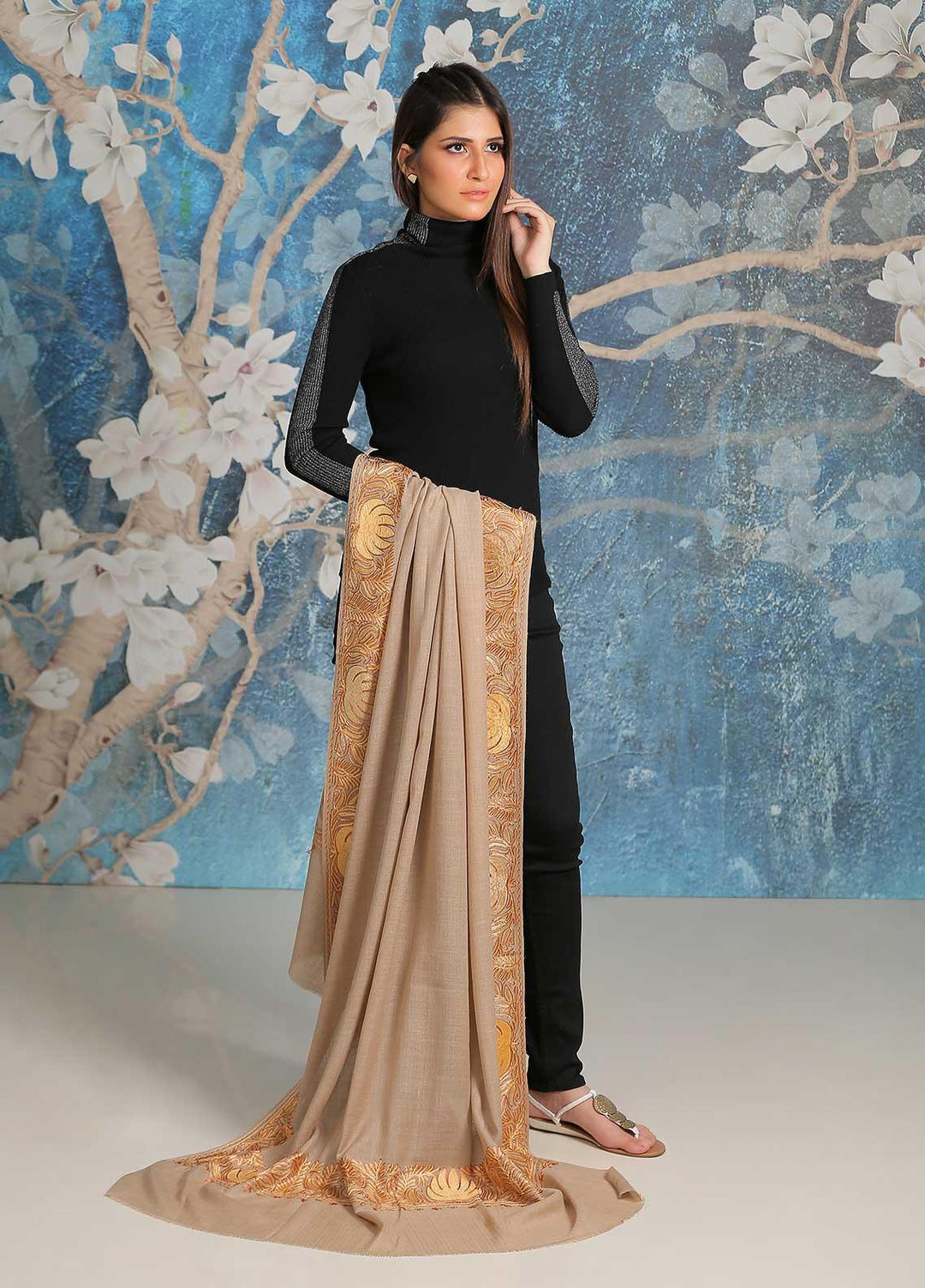 Sanaulla Exclusive Range Embroidered Pashmina  Shawl SU21PP MIR-16 Fawn 10 - Pure Pashmina Shawls