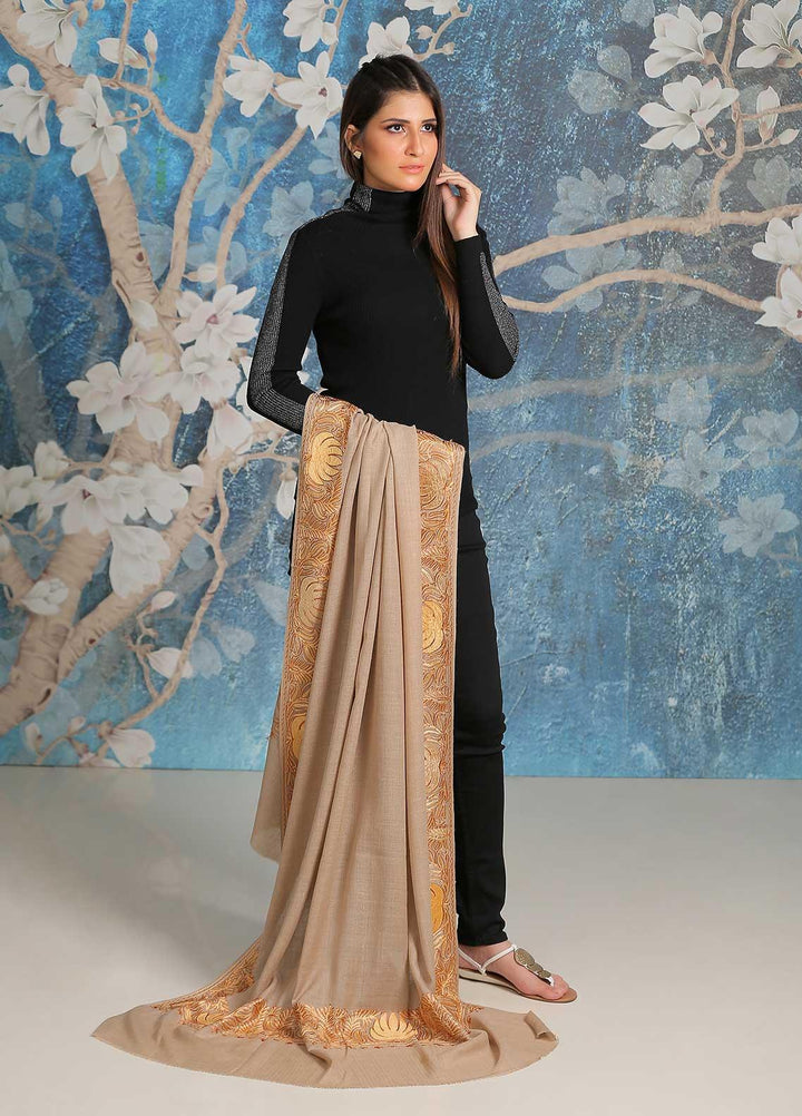 Sanaulla Exclusive Range Embroidered Pashmina  Shawl SU21PP MIR-16 Fawn 10 - Pure Pashmina Shawls