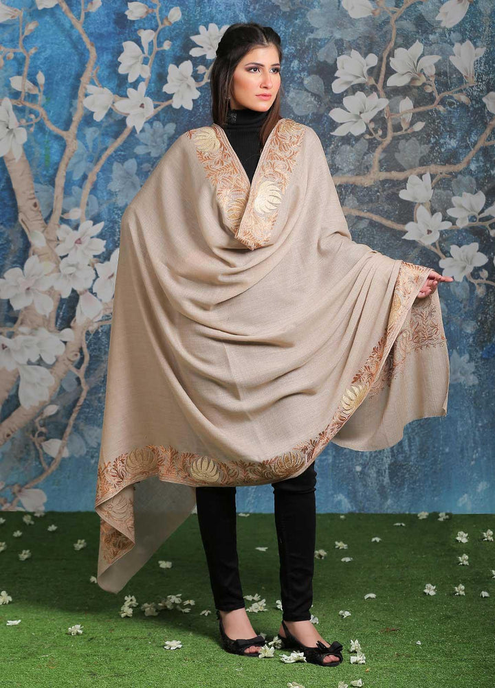 Sanaulla Exclusive Range Embroidered Pashmina  Shawl SU21PP MIR-16 Fawn 3 - Pure Pashmina Shawls