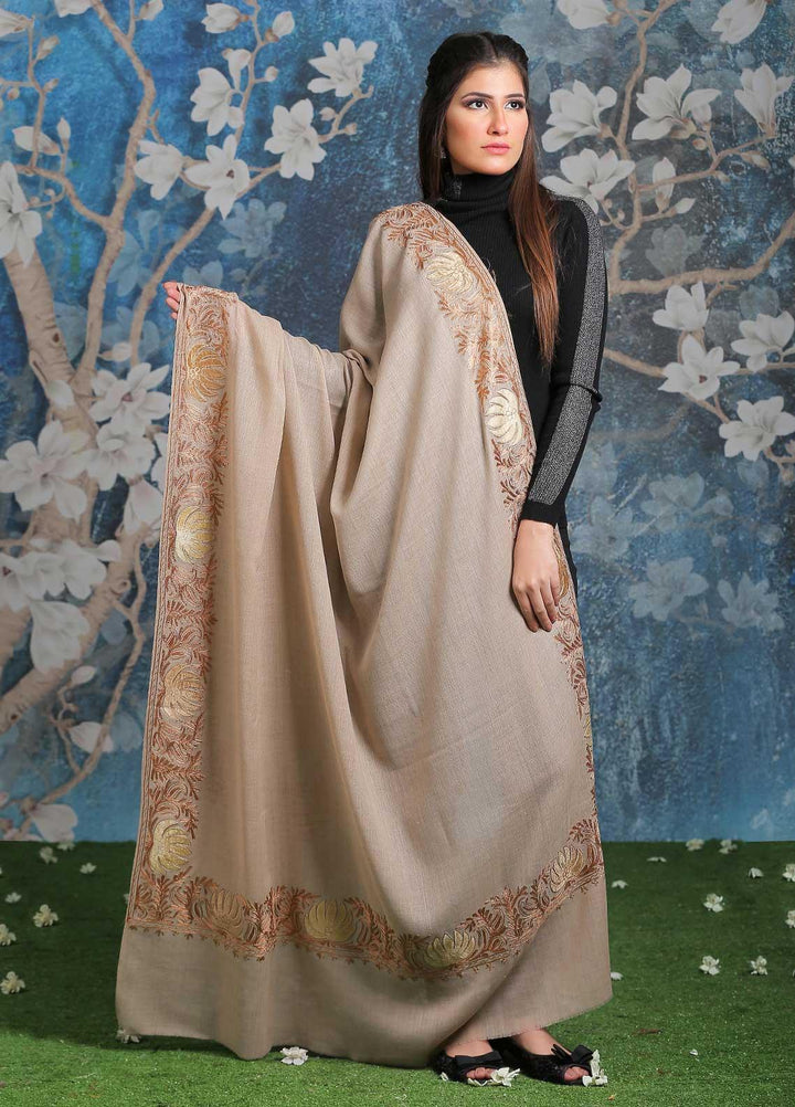 Sanaulla Exclusive Range Embroidered Pashmina  Shawl SU21PP MIR-16 Fawn 3 - Pure Pashmina Shawls
