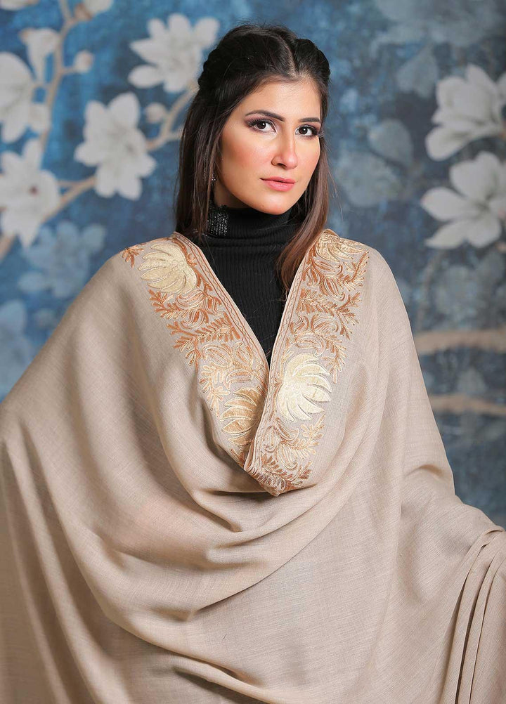 Sanaulla Exclusive Range Embroidered Pashmina  Shawl SU21PP MIR-16 Fawn 3 - Pure Pashmina Shawls
