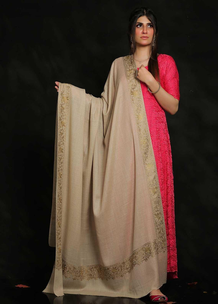 Sanaulla Exclusive Range Embroidered Pashmina  Shawl MIR-17 Beige 11 - Pashmina Shawls