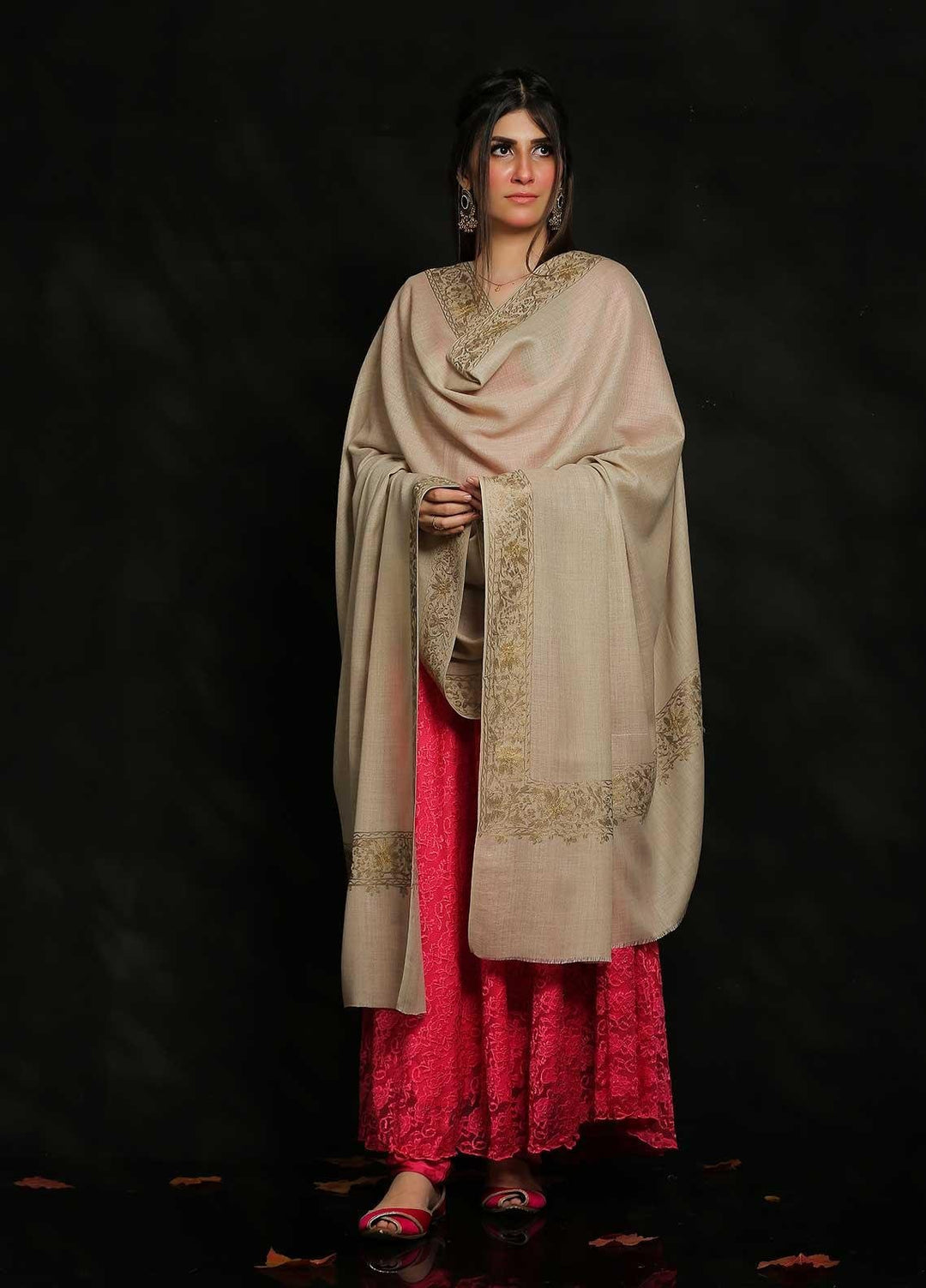 Sanaulla Exclusive Range Embroidered Pashmina  Shawl MIR-17 Beige 11 - Pashmina Shawls