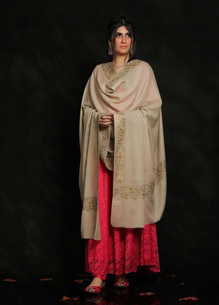 Sanaulla Exclusive Range Embroidered Pashmina  Shawl MIR-17 Beige 11 - Pashmina Shawls
