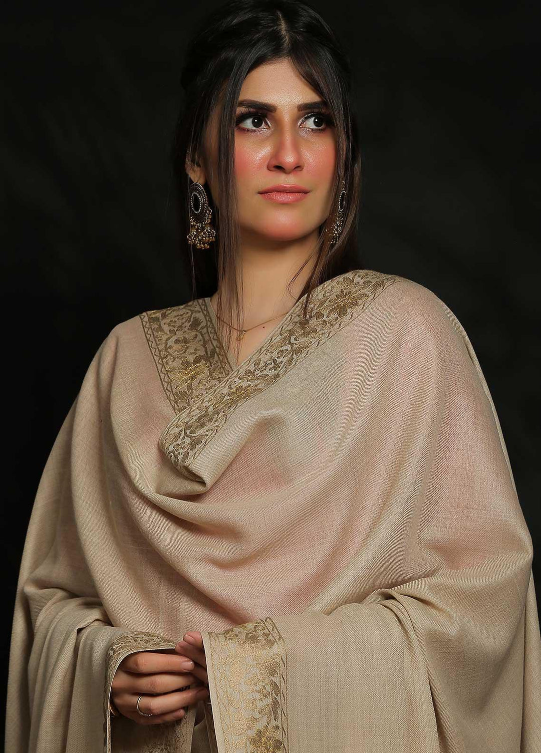 Sanaulla Exclusive Range Embroidered Pashmina  Shawl MIR-17 Beige 11 - Pashmina Shawls