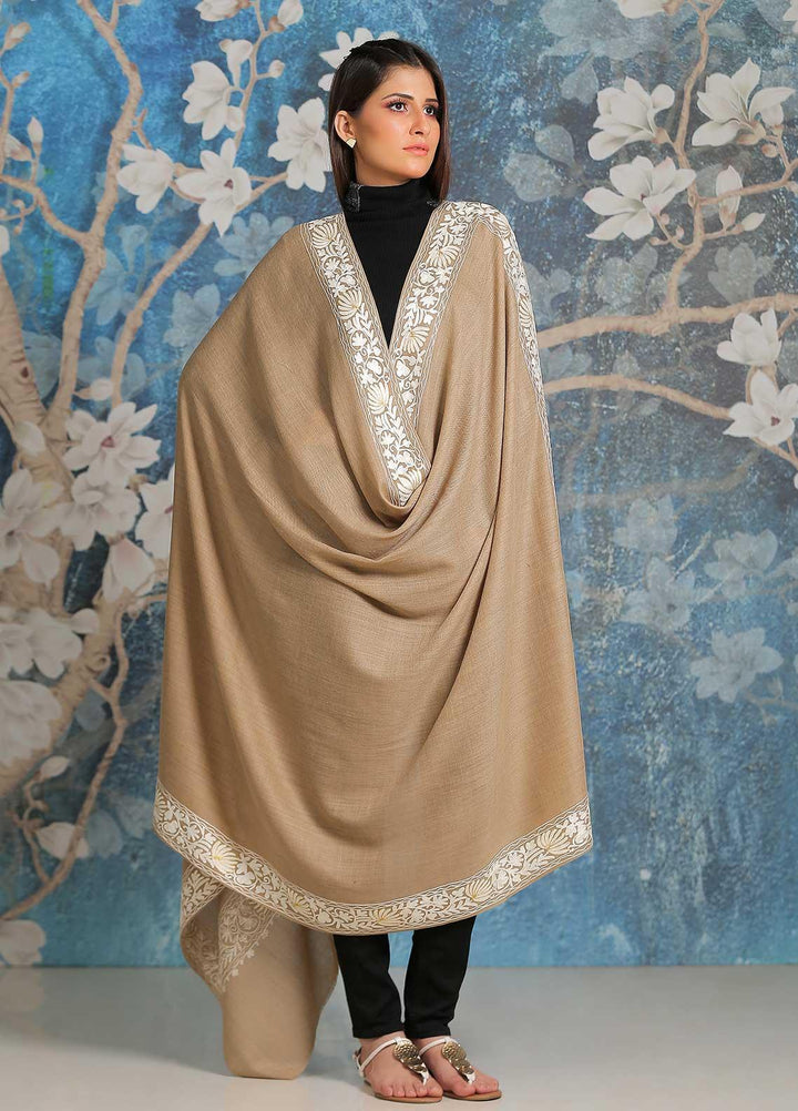 Sanaulla Exclusive Range Embroidered Pashmina  Shawl SU21PP MIR-17 Beige 13 - Pure Pashmina Shawls