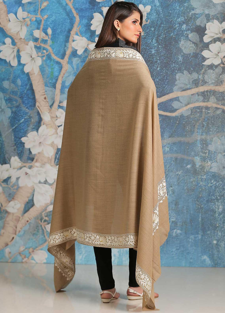 Sanaulla Exclusive Range Embroidered Pashmina  Shawl SU21PP MIR-17 Beige 13 - Pure Pashmina Shawls