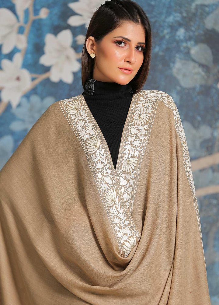 Sanaulla Exclusive Range Embroidered Pashmina  Shawl SU21PP MIR-17 Beige 13 - Pure Pashmina Shawls