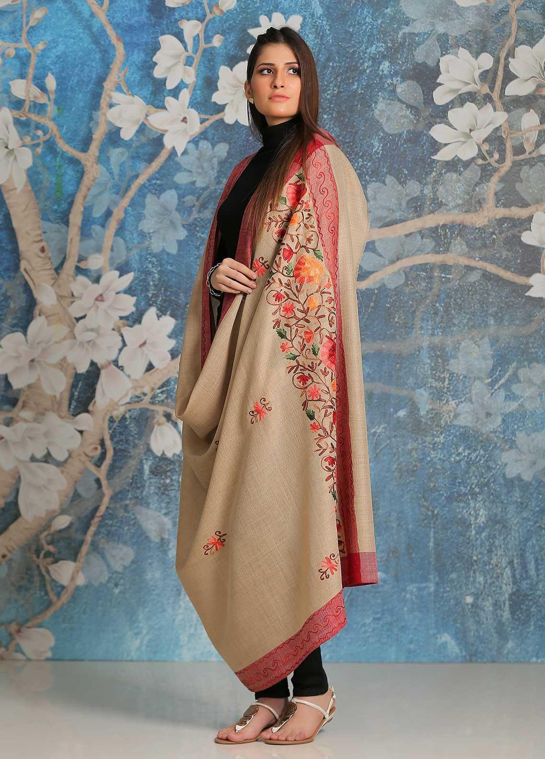 Sanaulla Exclusive Range Embroidered Pashmina  Shawl SU21PP MIR-18 Brown 14 - Pure Pashmina Shawls