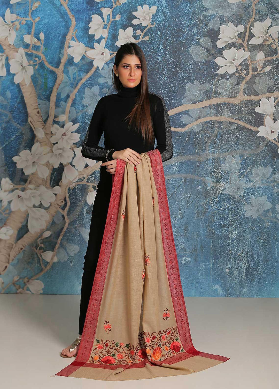 Sanaulla Exclusive Range Embroidered Pashmina  Shawl SU21PP MIR-18 Brown 14 - Pure Pashmina Shawls